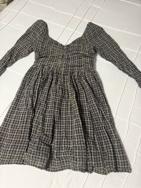 American Eagle Outfitters Navy and Cream Plaid Smocked Waist Dress With POCKETS